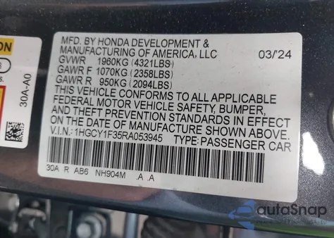 2024 Honda Accord Ex from USA, damaged, VIN 1HGCY1F35RA053945